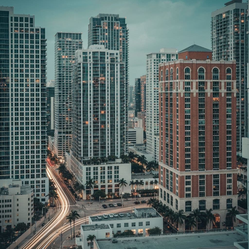 Brickell Miami skyline at blue hour with luxury condo towers reflecting on Biscayne Bay — urban editorial backdrop for Miami OnlyFans creators