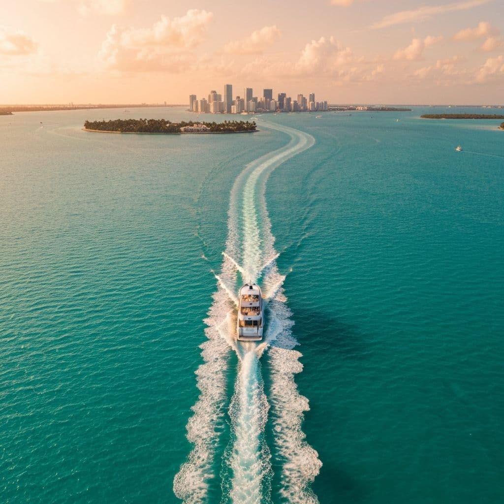 Aerial view of a luxury yacht cutting through turquoise Miami waters at golden hour with the downtown skyline in the distance — premium content locations available to Miami OnlyFans creators