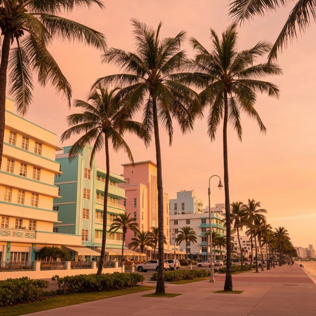 South Beach Miami art deco hotels along Ocean Drive at golden hour with palm trees — Miami OnlyFans creator content production location