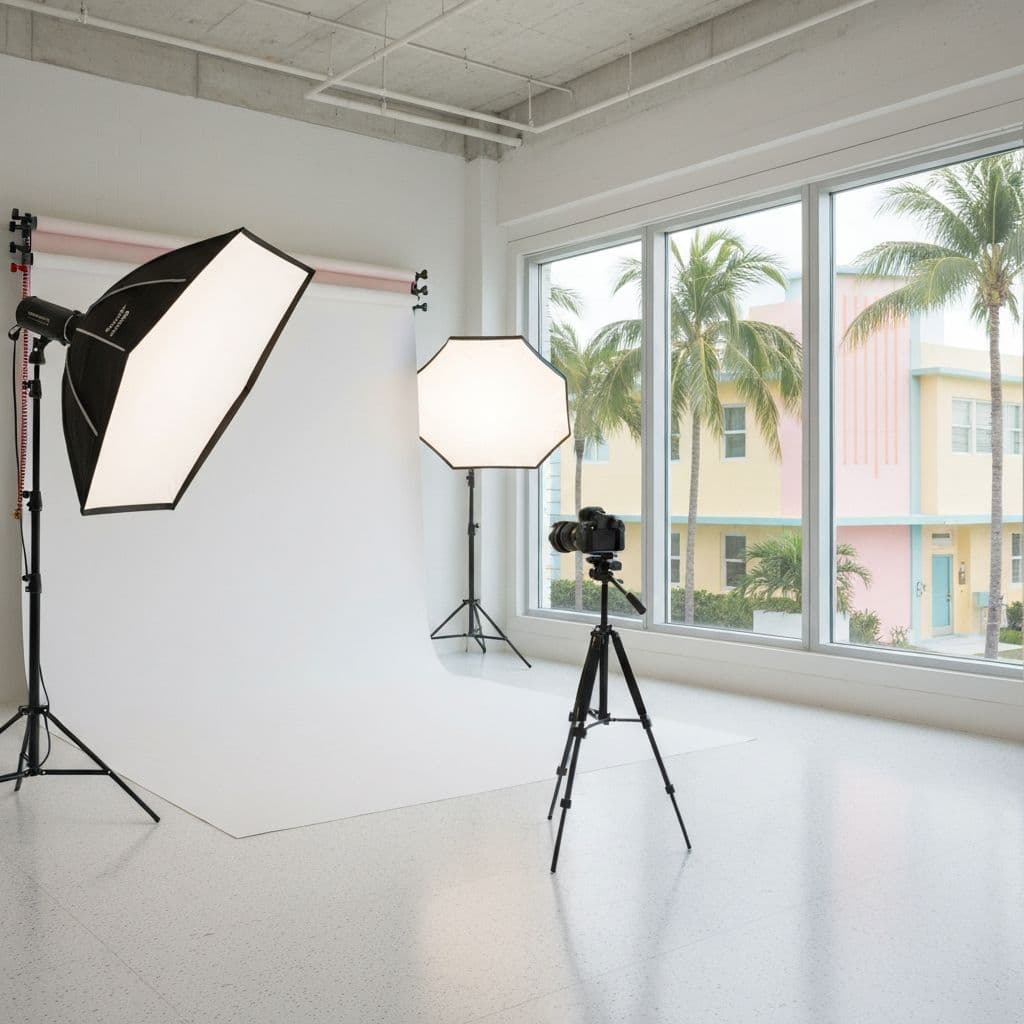 Bright Miami photography studio with palm trees outside the windows — used for OnlyFans creator content shoots